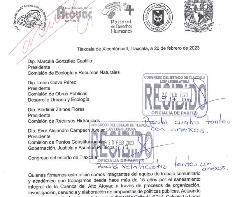 Documento entregado al Congreso de Tlaxcala por la Propuesta de Ley de Aguas